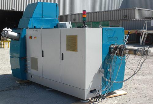 Used NGR Recycling Machine 55mm (2.16’’) Single Screw Extruder, Model A55VSP. Approximate to 1 L/D ratio. Electrically heated, air cooled dual side vented barrel with vacuum pump and tank. Feed throa...
