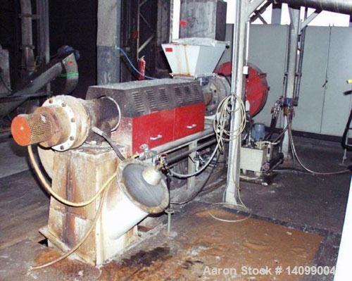 Used Sorema PE/PP Recycling Line, built 1996, comprised of (1) Sorema feeding shaft with guillotine shear, capacity 3300 lbs/h (1500 kg/h), 40+2 hp/30+1.5 kW drive. (1) Sorema conveyor belt with mech...