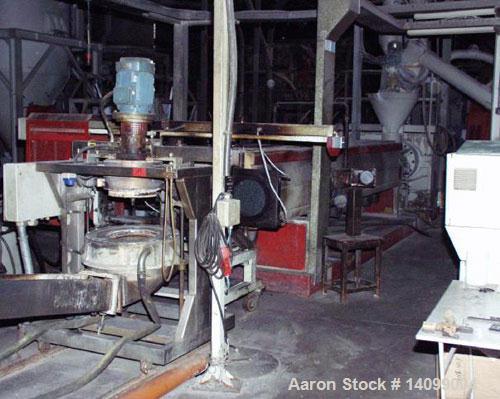 Used Sorema PE/PP Recycling Line, built 1996, comprised of (1) Sorema feeding shaft with guillotine shear, capacity 3300 lbs/h (1500 kg/h), 40+2 hp/30+1.5 kW drive. (1) Sorema conveyor belt with mech...