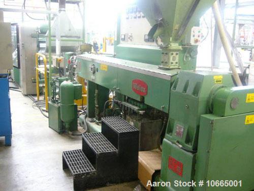 Unused-890 mm wide Welex Coextrusion sheet line. 90 mm main extruder, 50 mm coextruder, 890 x 300 mm rolls, pump group, haul off, 2 station winder, 1990. 90 mm Welex single screw extruder, 30D vented...