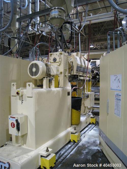 Used PTI (2004) multi layer sheet extrusion line including the following: A) (1) Used PTI model 6000 Trident series 6", 28:1 extruder having a 7-zone electrically heated air cooled barrel at an appro...
