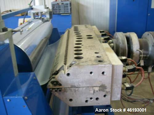 Used Complete Extrusion Line for Flat Sheet PP and PS. Film width up to 850 mm. Film thickness from 0.2 up to 1.5 mm. Consisting of: Kuhne screw diameter 70 mm x 33 D. 4 heating zones, cooling with f...