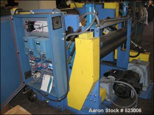 USED: Three roll sheet stack. (3) rolls with 33" face x 12" diameter cored rolls, with hydraulic gap adjustment, single row, chain driven with 3 hp, 230/460 volt motor with VFD, 5" diameter x 34" fac...