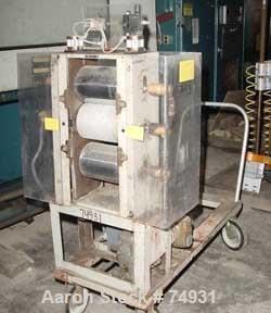 USED: 3 roll sheet stack. (2) 6" diameter x 8" wide chrome plated, (1) 6" diameter x 8" wide metal cored rolls, pneumatically adjustable. Driven by a 1/4 hp DC gearmotor. Includes a Reliance AC-VS dr...