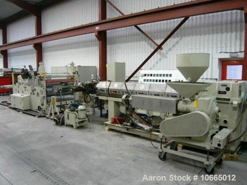 Used 1200mm (3.9’) Amut Sheet Line; 90mm (3.5’’) 32:1 l/d single screw extruder, 117 kW (156 hp) motor, electrically heated, air cooled barrel with Dynisco gear pump, 2 roll haul off, twin winder.
