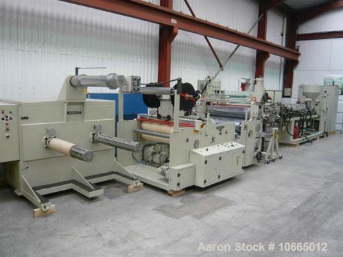 Used 1200mm (3.9’) Amut Sheet Line; 90mm (3.5’’) 32:1 l/d single screw extruder, 117 kW (156 hp) motor, electrically heated, air cooled barrel with Dynisco gear pump, 2 roll haul off, twin winder.