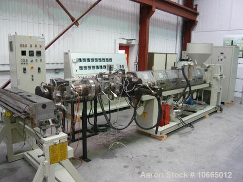 Used 1200mm (3.9’) Amut Sheet Line; 90mm (3.5’’) 32:1 l/d single screw extruder, 117 kW (156 hp) motor, electrically heated, air cooled barrel with Dynisco gear pump, 2 roll haul off, twin winder.