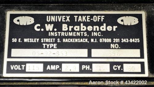 Used C.W. Brabender Univex Lab Take Off. Approximate capacity speeds of up to 30 meters per minute. Consisting of (3) 4” diameter x 8” wide chrome plated, manually adjustable cored rolls, and a top m...