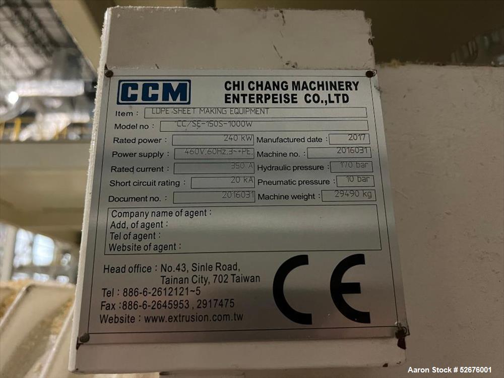Used Chi Chang Sheet Extrusion Line (2017), consisting of: Chi Chang Extruder Model CC/SE-150S-1000W, S/N 2016031 (2017), 32:1, 150mm screw, with (5) Chi-Chang Control Panels and (2) Allen Bradley PL...