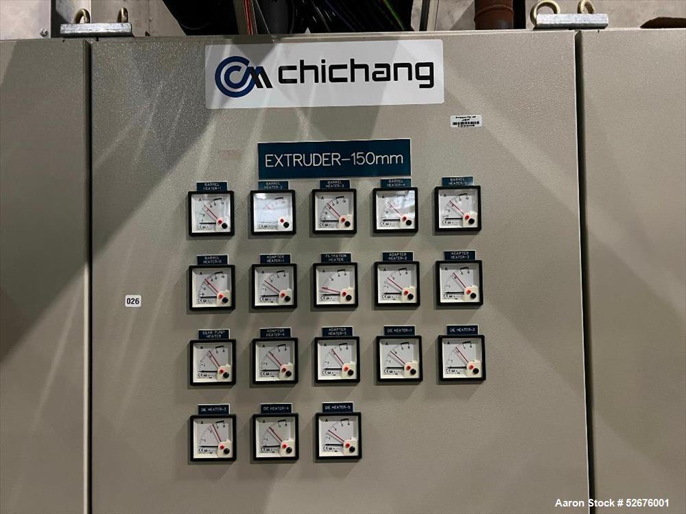 Used Chi Chang Sheet Extrusion Line (2017), consisting of: Chi Chang Extruder Model CC/SE-150S-1000W, S/N 2016031 (2017), 32:1, 150mm screw, with (5) Chi-Chang Control Panels and (2) Allen Bradley PL...