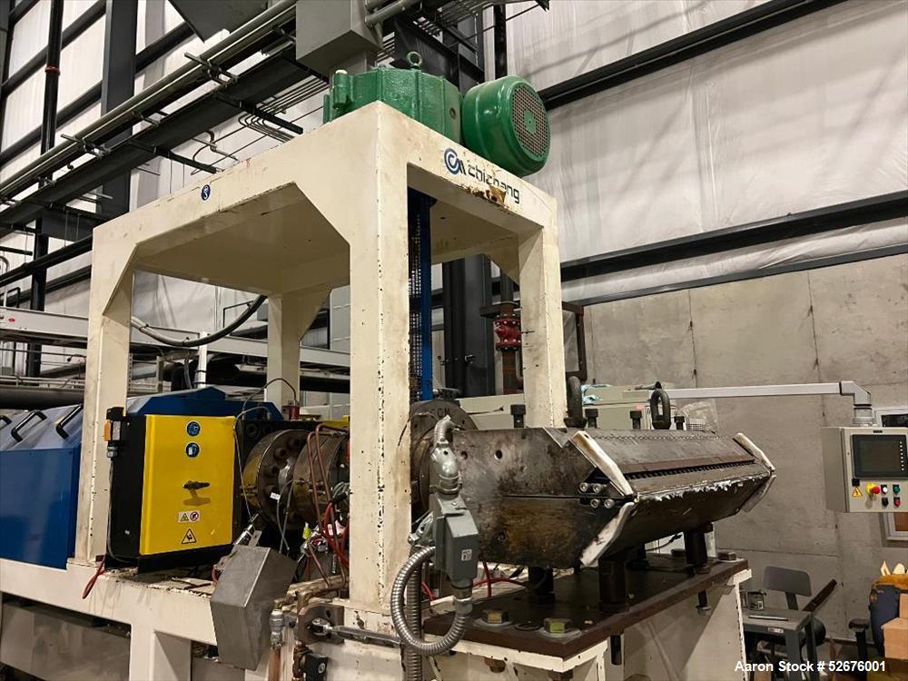 Used Chi Chang Sheet Extrusion Line (2017), consisting of: Chi Chang Extruder Model CC/SE-150S-1000W, S/N 2016031 (2017), 32:1, 150mm screw, with (5) Chi-Chang Control Panels and (2) Allen Bradley PL...