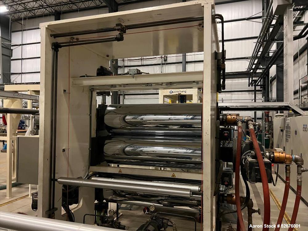 Used Chi Chang Sheet Extrusion Line (2017), consisting of: Chi Chang Extruder Model CC/SE-150S-1000W, S/N 2016031 (2017), 32:1, 150mm screw, with (5) Chi-Chang Control Panels and (2) Allen Bradley PL...
