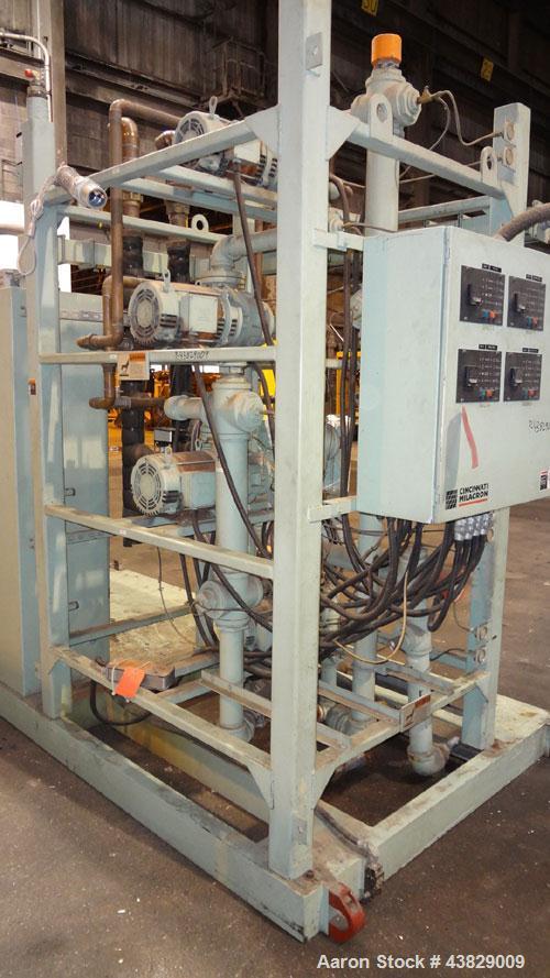 Used 3 Roll Chill Roll Stand, Cincinnati Milacron Model Roll Stack Stand, Serial #X70A0100081. 3-Roll vertical chrome polishing roll stack, 18" diameter middle and bottom rolls, 13" diameter top roll...