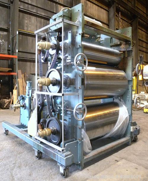 Used Crown Sheet Take Off System Consisting Of: (1) Crown 3 roll vertical down sheet stack. (2) 32'' Diameter x 60'' wide chrome plated cored rolls, (1) 18'' diameter x 60'' wide chrome plated cored ...