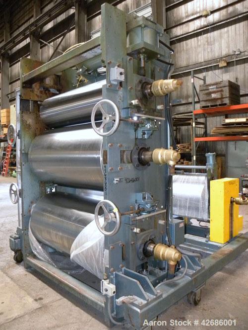 Used Crown Sheet Take Off System Consisting Of: (1) Crown 3 roll vertical down sheet stack. (2) 32'' Diameter x 60'' wide chrome plated cored rolls, (1) 18'' diameter x 60'' wide chrome plated cored ...