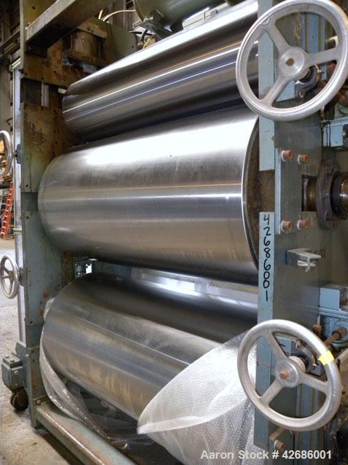 Used Crown Sheet Take Off System Consisting Of: (1) Crown 3 roll vertical down sheet stack. (2) 32'' Diameter x 60'' wide chrome plated cored rolls, (1) 18'' diameter x 60'' wide chrome plated cored ...