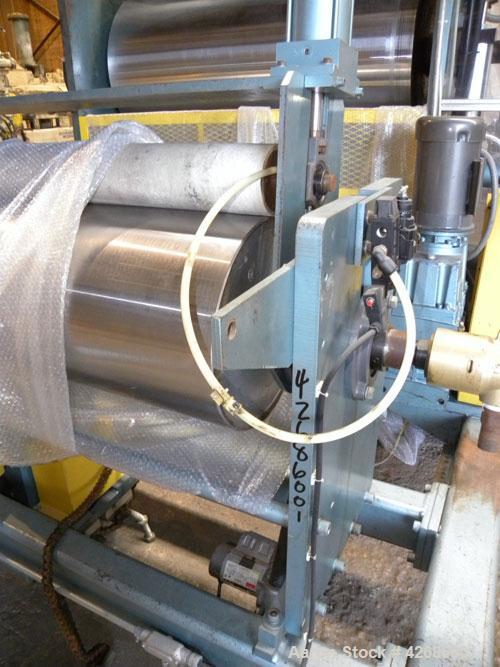 Used Crown Sheet Take Off System Consisting Of: (1) Crown 3 roll vertical down sheet stack. (2) 32'' Diameter x 60'' wide chrome plated cored rolls, (1) 18'' diameter x 60'' wide chrome plated cored ...