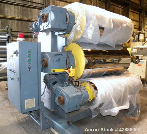 Used Crown Sheet Take Off System Consisting Of: (1) Crown 3 roll "J" sheet stack. (2) 30" Diameter x 60" wide chrome plated cored rolls, (1) 18" diameter x 60" wide movable bottom chrome plated cored...