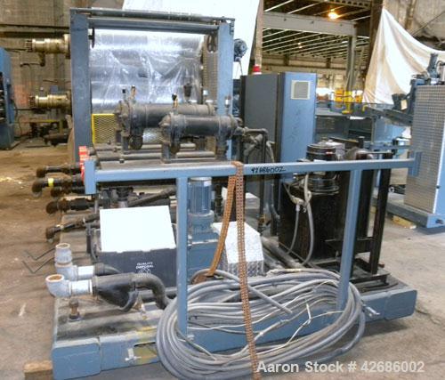 Used Crown Sheet Take Off System Consisting Of: (1) Crown 3 roll "J" sheet stack. (2) 30" Diameter x 60" wide chrome plated cored rolls, (1) 18" diameter x 60" wide movable bottom chrome plated cored...