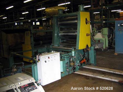 USED: Davis Standard 3 roll down stack. 18" diameter x 42" wide,cored for cooling, chrome rolls, 3 hp DC motor through gearboxpowering silent chain drive, hydraulic pressured rolls. Chrome rollsare c...