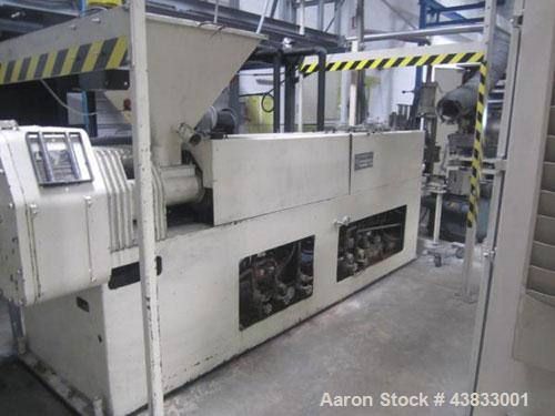 Used 66" Wide Gloucester Sheet Line consisting of the following:  3.5" Gloucester extruder, 32:1 l/d, electrically heated, water cooled, 150 hp DC motor with SCR controller, vented and plugged barrel...