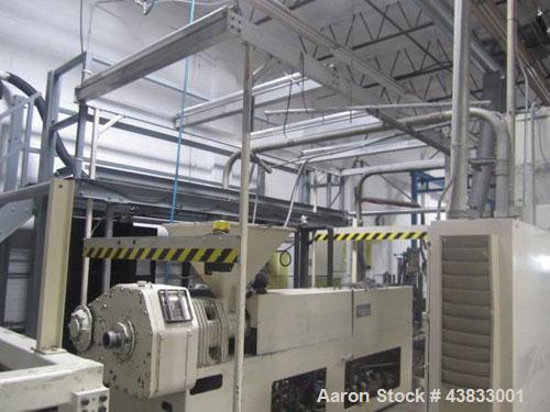 Used 66" Wide Gloucester Sheet Line consisting of the following:  3.5" Gloucester extruder, 32:1 l/d, electrically heated, water cooled, 150 hp DC motor with SCR controller, vented and plugged barrel...