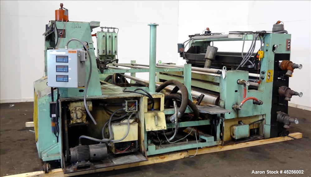 Used Goulding 3 Roll Sheet Stack. (3) 16" Diameter x 80" wide chrome plated cored rolls, (3) additional cored cooling rolls, approximate 48" long cooling section, (2) 8" diameter x 80" wide rubber pu...