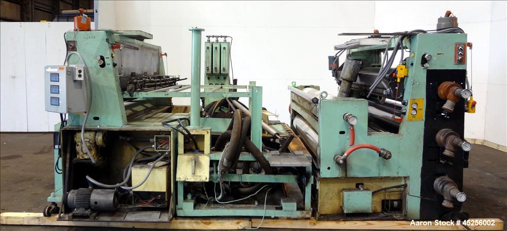 Used Goulding 3 Roll Sheet Stack. (3) 16" Diameter x 80" wide chrome plated cored rolls, (3) additional cored cooling rolls, approximate 48" long cooling section, (2) 8" diameter x 80" wide rubber pu...