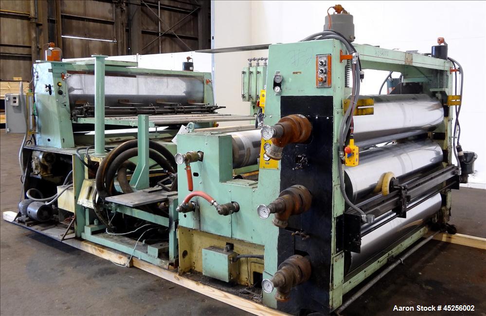 Used Goulding 3 Roll Sheet Stack. (3) 16" Diameter x 80" wide chrome plated cored rolls, (3) additional cored cooling rolls, approximate 48" long cooling section, (2) 8" diameter x 80" wide rubber pu...