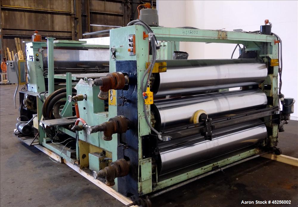 Used Goulding 3 Roll Sheet Stack. (3) 16" Diameter x 80" wide chrome plated cored rolls, (3) additional cored cooling rolls, approximate 48" long cooling section, (2) 8" diameter x 80" wide rubber pu...