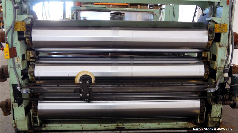 Used Goulding 3 Roll Sheet Stack. (3) 16" Diameter x 80" wide chrome plated cored rolls, (3) additional cored cooling rolls, approximate 48" long cooling section, (2) 8" diameter x 80" wide rubber pu...