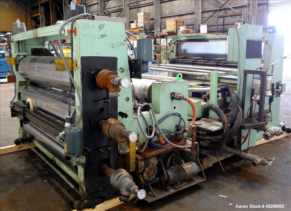 Used Goulding 3 Roll Sheet Stack. (3) 16" Diameter x 80" wide chrome plated cored rolls, (3) additional cored cooling rolls, approximate 48" long cooling section, (2) 8" diameter x 80" wide rubber pu...