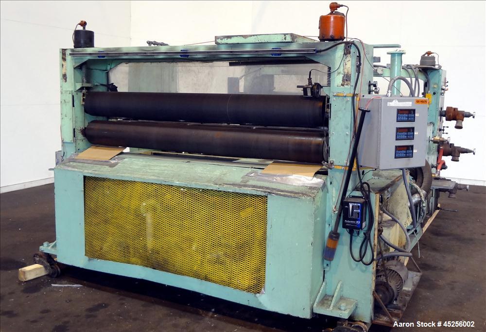 Used Goulding 3 Roll Sheet Stack. (3) 16" Diameter x 80" wide chrome plated cored rolls, (3) additional cored cooling rolls, approximate 48" long cooling section, (2) 8" diameter x 80" wide rubber pu...