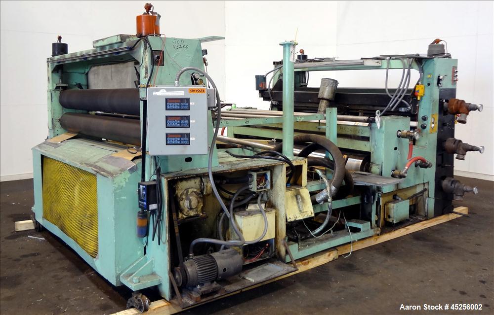 Used Goulding 3 Roll Sheet Stack. (3) 16" Diameter x 80" wide chrome plated cored rolls, (3) additional cored cooling rolls, approximate 48" long cooling section, (2) 8" diameter x 80" wide rubber pu...
