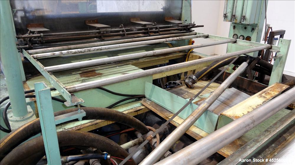 Used Goulding 3 Roll Sheet Stack. (3) 16" Diameter x 80" wide chrome plated cored rolls, (3) additional cored cooling rolls, approximate 48" long cooling section, (2) 8" diameter x 80" wide rubber pu...