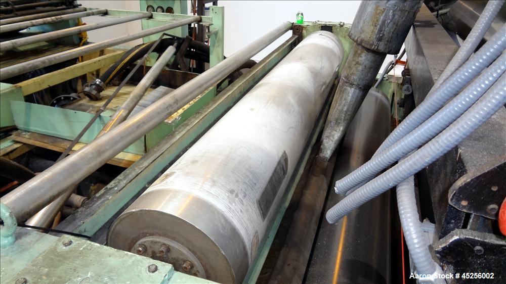 Used Goulding 3 Roll Sheet Stack. (3) 16" Diameter x 80" wide chrome plated cored rolls, (3) additional cored cooling rolls, approximate 48" long cooling section, (2) 8" diameter x 80" wide rubber pu...