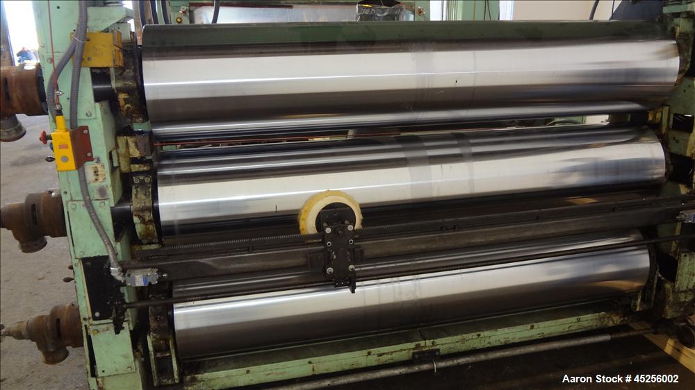 Used Goulding 3 Roll Sheet Stack. (3) 16" Diameter x 80" wide chrome plated cored rolls, (3) additional cored cooling rolls, approximate 48" long cooling section, (2) 8" diameter x 80" wide rubber pu...
