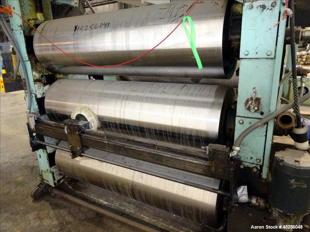 Used Goulding 3 roll sheet stack, (3) 16" diameter x 52" wide chrome plated cored rolls, (3) additional cored cooling rolls, approximate 48" long cooling section, (2) 8" diameter x 52" long rubber pu...