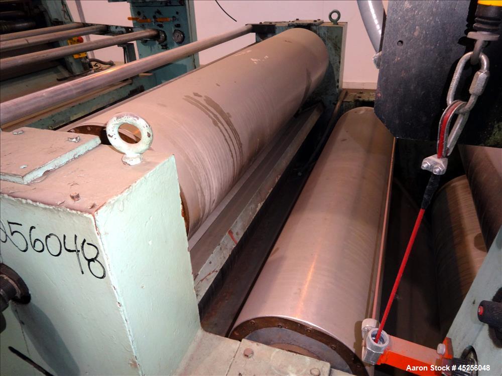 Used Goulding 3 roll sheet stack, (3) 16" diameter x 52" wide chrome plated cored rolls, (3) additional cored cooling rolls, approximate 48" long cooling section, (2) 8" diameter x 52" long rubber pu...