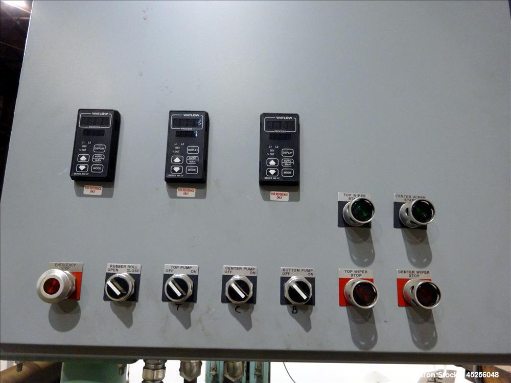 Used Goulding 3 roll sheet stack, (3) 16" diameter x 52" wide chrome plated cored rolls, (3) additional cored cooling rolls, approximate 48" long cooling section, (2) 8" diameter x 52" long rubber pu...
