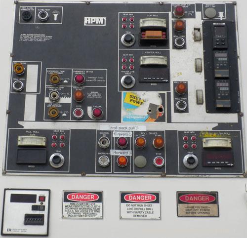 Used HPM Sheet Line consisting of: (1) HPM 4-1/2" single screw extruder, model 4.5TMIII, serial #82-210. Approximately 38 to 1 L/D ratio. Electrically heated, water cooled 6 zone dual side vented bar...