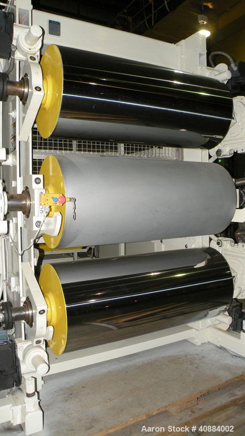 Used HPM Sheet Take Off System Consisting Of: (1) HPM Sheetmaster III 3 Roll Sheet Stack, Rated speed range 20 feet per minute maximum, 71" track centerline. (3) 23.587" diameter x 54" wide cored rol...