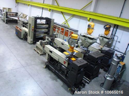 Used 49.2" (1250 mm) Kaufman Coextrusion Sheet Line. (1) 3.54" (90 mm) Kaufmann model 90-33d extruder, vented, vacuum pump, 150 hp DC motor, bolt throttle device; 3.54" (90 mm) lantern slide screen p...