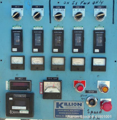  Killion 2-1/2'' single screw extruder, model KN250, approximately 10 to 1 L/D ratio. Electrically heated, air cooled 3 zone non-vented barrel. Water cooled feed throat with a roll type feeder. Appro...