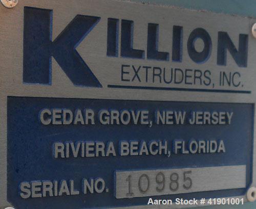  Killion 2-1/2'' single screw extruder, model KN250, approximately 10 to 1 L/D ratio. Electrically heated, air cooled 3 zone non-vented barrel. Water cooled feed throat with a roll type feeder. Appro...