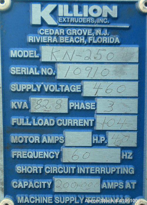  Killion 2-1/2'' single screw extruder, model KN250, approximately 10 to 1 L/D ratio. Electrically heated, air cooled 3 zone...
