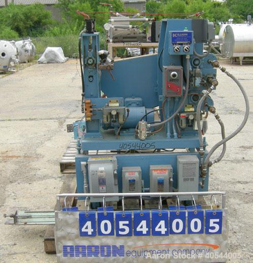 Used Killion 3 roll sheet stack. (3) 5" diameter x 8" wide chrome plated cored rolls, pneumatically adjustable, (1) 5" diameter x 8" wide chrome, (1) 5" diameter x 8" wide rubber pull roll, pneumatic...