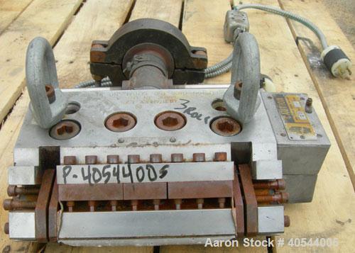 Used Killion 3 roll sheet stack. (3) 5" diameter x 8" wide chrome plated cored rolls, pneumatically adjustable, (1) 5" diameter x 8" wide chrome, (1) 5" diameter x 8" wide rubber pull roll, pneumatic...