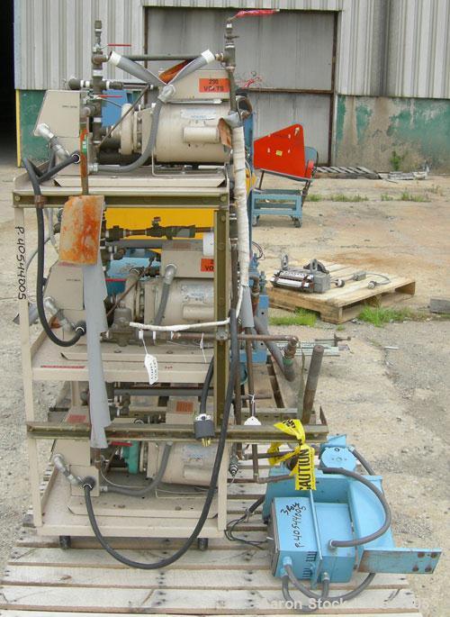 Used Killion 3 roll sheet stack. (3) 5" diameter x 8" wide chrome plated cored rolls, pneumatically adjustable, (1) 5" diameter x 8" wide chrome, (1) 5" diameter x 8" wide rubber pull roll, pneumatic...