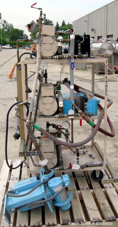 Used Killion 3 roll sheet stack. (3) 5" diameter x 8" wide chrome plated cored rolls, pneumatically adjustable, (1) 5" diameter x 8" wide chrome, (1) 5" diameter x 8" wide rubber pull roll, pneumatic...